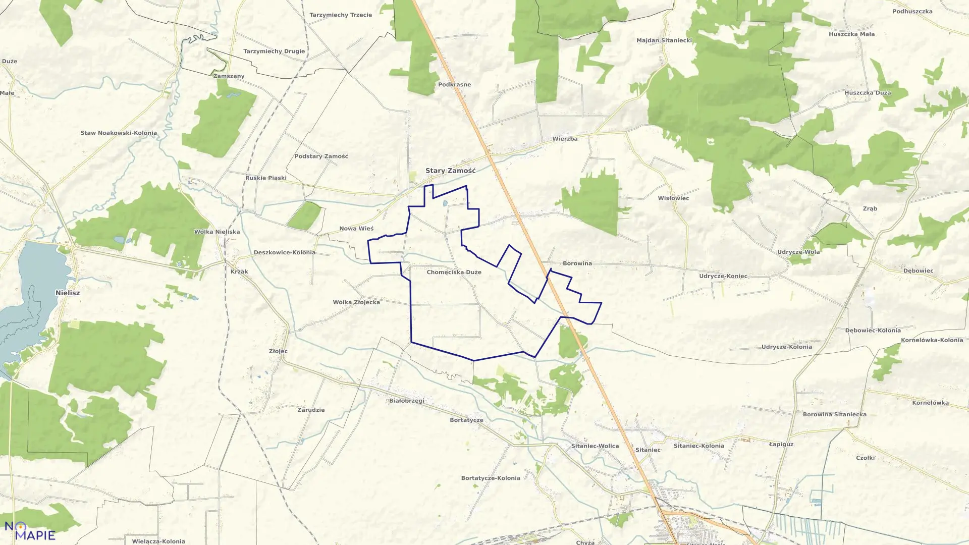 Mapa obrębu Chomęciska Duże w gminie Stary Zamość