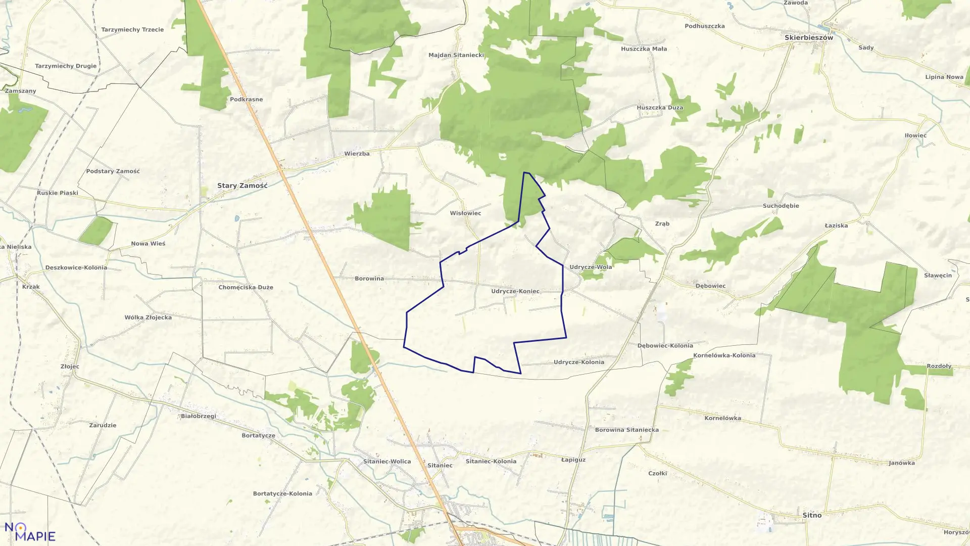 Mapa obrębu Udrycze Koniec w gminie Stary Zamość