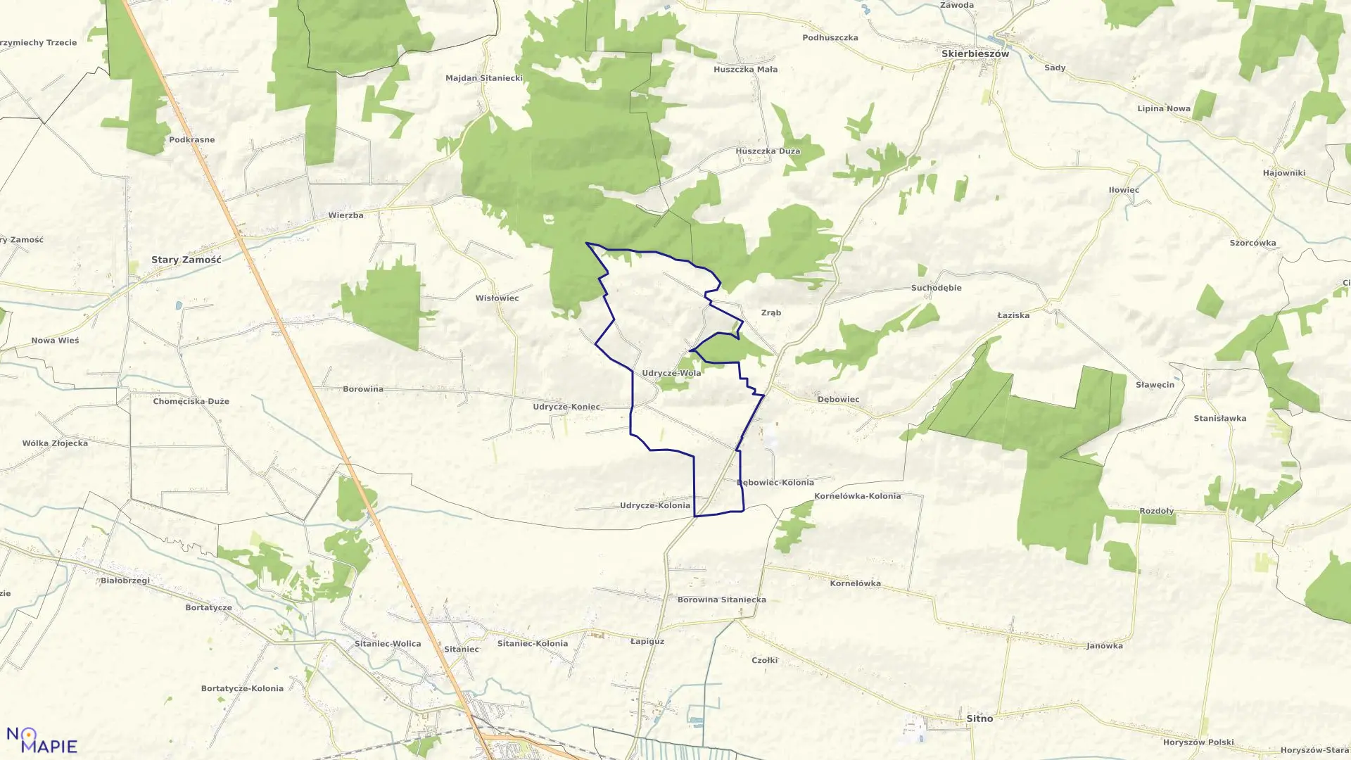 Mapa obrębu Udrycze Wola w gminie Stary Zamość